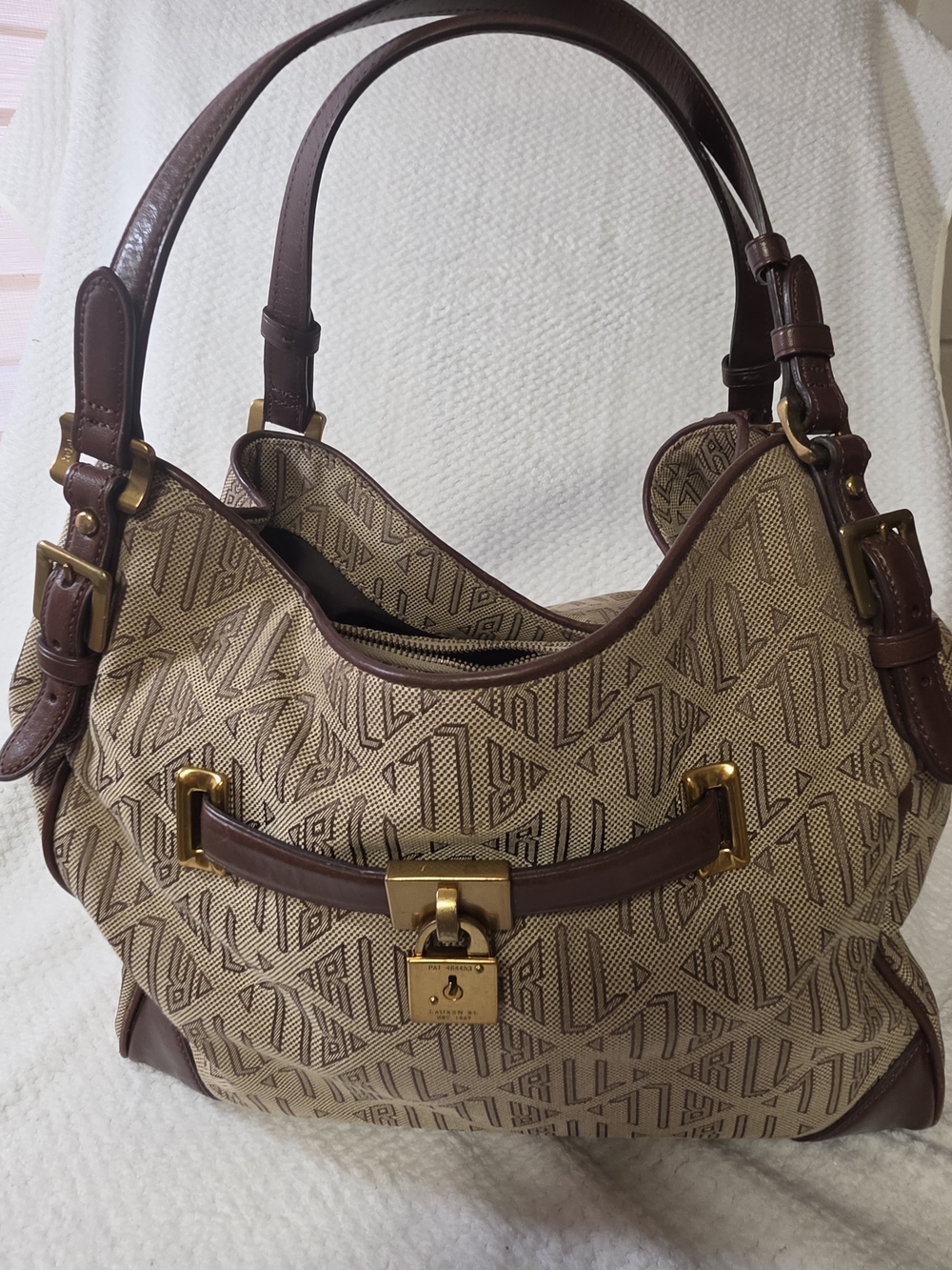 Vintage Lauren Ralph Lauren Monogram Jacquard Hobo Shoulder Bag - Very Good